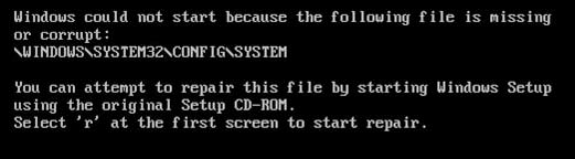  Windows XP no se pudo iniciar porque falta el siguiente archivo o está dañado: \WINDOWS \ SYSTEM32 \ CONFIG \ SYSTEM